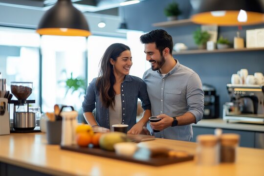 Colleagues engage in a light-hearted moment by playfully bumping shoulders during a coffee break in the open office kitchen area