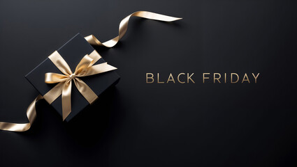 Black gift box with gold ribbons arranged on a deep black background. The words "Black Friday" are written in gold, creating a luxurious and festive atmosphere.