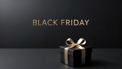 Black gift box with gold ribbons arranged on a deep black background. The words "Black Friday" are written in gold, creating a luxurious and festive atmosphere.