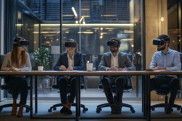 A diverse group of professionals participates in a virtual reality meeting in a modern office setting during a collaborative work session