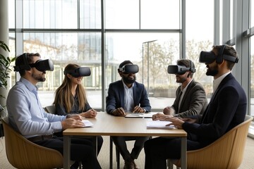 A team engages in a virtual reality meeting in a modern office setting, showcasing innovative collaboration technology