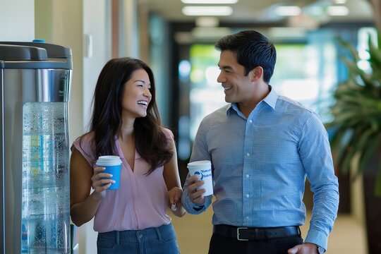 On a sunny afternoon, two Asian colleagues engage in playful flirting by the office water cooler, sharing laughter and smiles