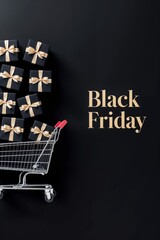 Black Friday shopping cart filled with black gift boxes tied with gold ribbons