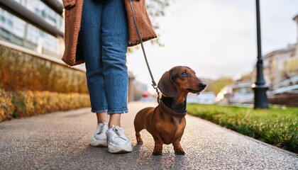 donna passeggiata con bassotto al guinzaglio 