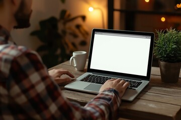 A person using a laptop with a blank screen while sitting at a wooden table, enjoying a cozy indoor atmosphere with warm lighting in the evening