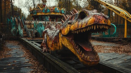 Obraz premium Eerie abandoned amusement park with weathered dinosaur statue and dilapidated carousel, surrounded by autumn foliage in a haunting atmosphere