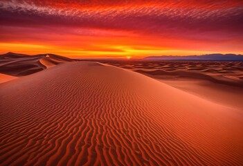 Naklejka premium stunning dune patterns displaying elegance beneath vivid sunset sky warm hues striking color combinations, sand, texture, landscape, contrast, light