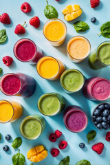 rainbow smoothies in glasses, each with a different color, arranged in a row. Fresh ingredients like spinach, raspberries, mango, and blueberries are laid beside the glasses. Top view