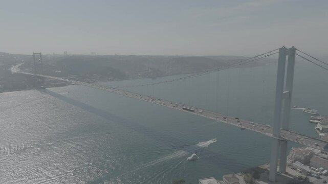 Istanbul dlog aerial view. Istanbul Hagia Sophia mosque, Sultanahmet mosque, Turkish flag on bridges