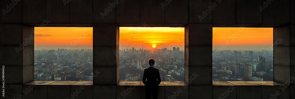 Wall mural Businessman looking out at cityscape during sunset.