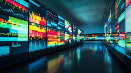 An art installation in a modern gallery featuring digital screens that continuously display fluctuating stock prices in an abstract manner.