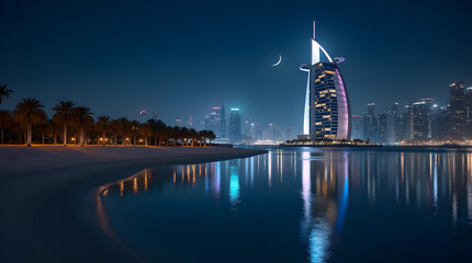  Burj Al Arab at Night with Dubai Skyline Reflection