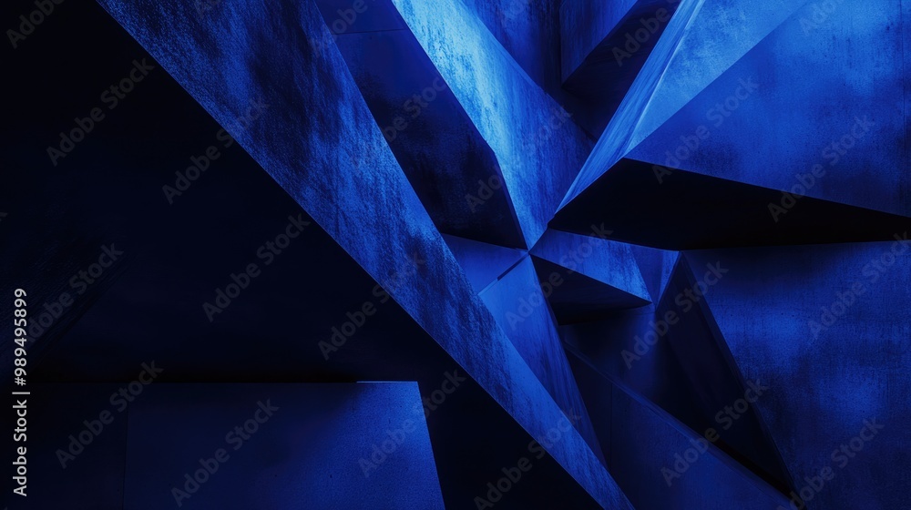 Poster a striking image showcasing interwoven angular dark shapes illuminated by vibrant blue light for a c