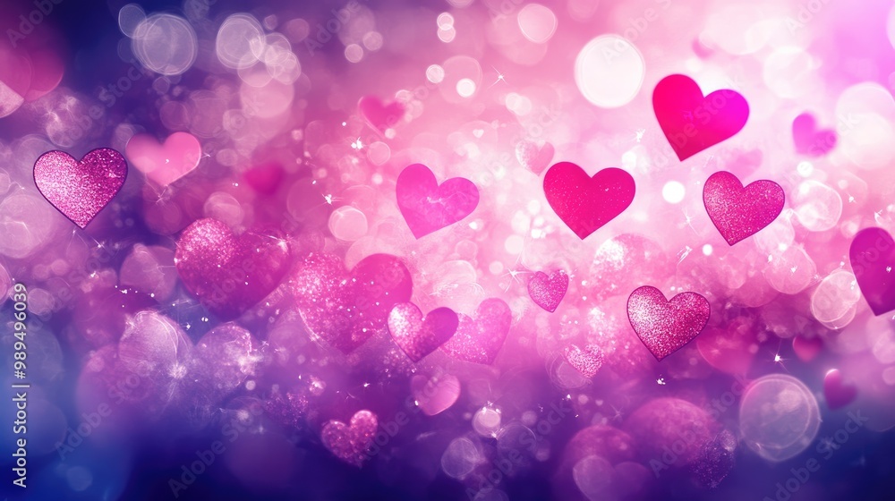 Poster blurred sparkling hearts and lights create a gradient pink and purple abstract backdrop perfect for 