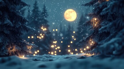Enchanted winter night scene featuring magical fairy lights illuminating a snowy backdrop surrounded by alpine spruce trees after a snowstorm under a gleaming moon