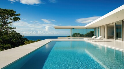 Fototapeta premium Modern luxury villa with infinity pool overlooking the ocean.