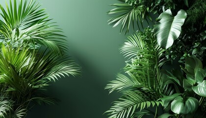 green background with large lush green leaves in pots