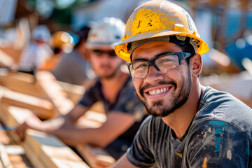 Young volunteers in hard hats from a charity organization help renovate a house