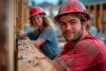 Young volunteers in hard hats from a charity organization help renovate a house