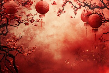 Obraz premium Red Lanterns and Blossoms in a Serene Landscape