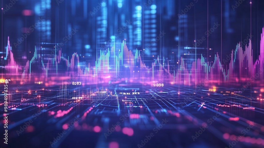 Poster abstract representation of digital financial data with colorful graphs and charts in a futuristic ur