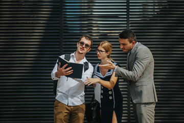 Three business professionals engage in a discussion outdoors, focusing on sales strategies and...