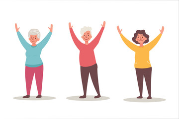 Three older women are standing and smiling, with one of them holding her hands up in the air. Concept of joy and positivity, as the women appear to be enjoying themselves