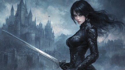 Warrior Woman With Sword and Castle Background
