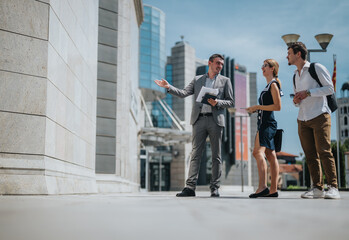 Three young professionals engage in a lively discussion about business strategies outside a modern office building, showcasing teamwork and collaboration on a sunny day.