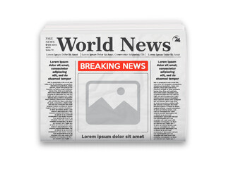 Daily newspaper journal design template with editable headlines quotes text articles and color images. Horizontal folded newspaper layout.