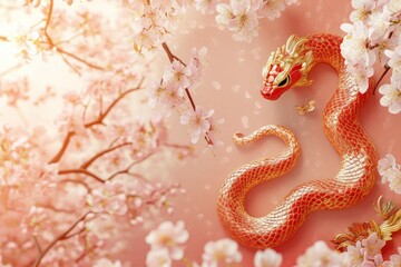 Obraz premium Golden Dragon Among Cherry Blossom Petals