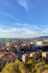 Sunrise over Malaga port and sea coast in a sunny day in the morning in Malaga, Spain