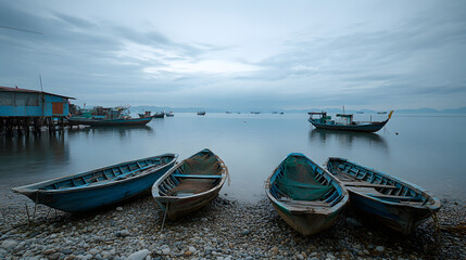 An Asian fishing village with boats docked and nets untouched the sea calm indicating reduced fishing activity.