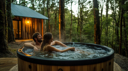 Chilling back in a forest hot tub, two people relaxing and enjoying the serenity with light streaming through the surrounding trees.