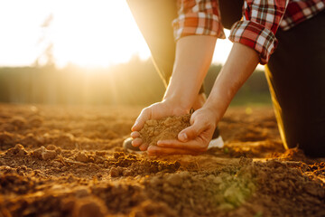 A farmer examines soil quality at sunset while kneeling in a sunlit field, showcasing a connection...
