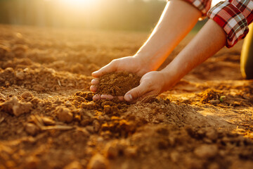 A farmer examines soil quality at sunset while kneeling in a sunlit field, showcasing a connection...