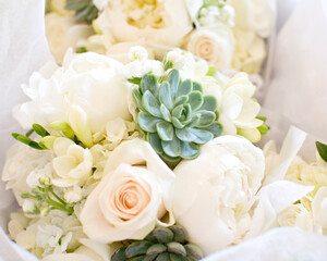 Succulents White Peonies Roses, Wedding Day Flowers, Bridal Bouquet, Botanical, Sophisticated Flower Arrangement