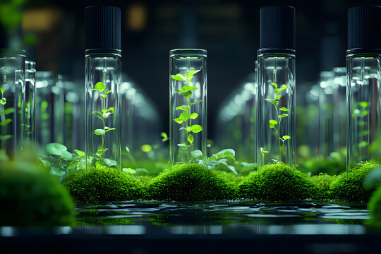 laboratory test tube biology science genetically modified plants sapling green plant in water structure of reproduction of organisms moss and fungi abstract concept background. Generative Ai.