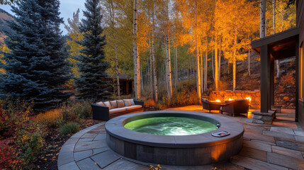 A cozy hot tub, surrounded by autumn foliage and evergreens, warmly illuminated at dusk. An inviting fire pit and a comfortable sofa add to the serene outdoor ambiance.