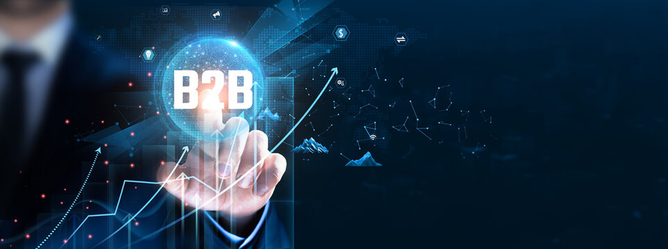 B2B: Collaboration, partnership, Businessman touch and analysis data strategy with graph market insights, supply chain, customer relations, growth opportunities........