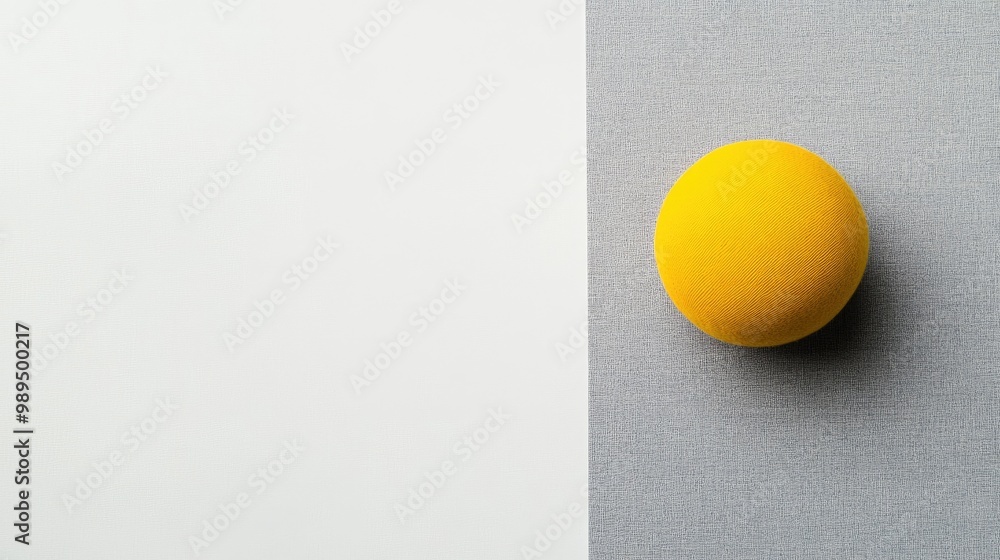 Poster yellow fabric ball and gray cardboard on a flat white background modern color scheme with ample copy