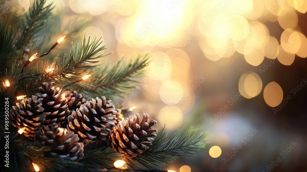 Aufkleber festive backdrop featuring a pine branch adorned with cones and string lights set against a soft blu