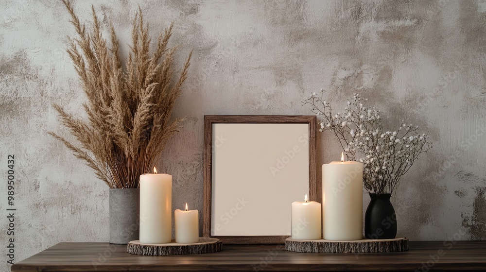 Poster floral arrangement with candles in a photo frame on a table against a wall backdrop front view mocku