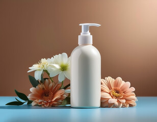 Lotion bottle with fresh flowers beside it isolated on minimalist background