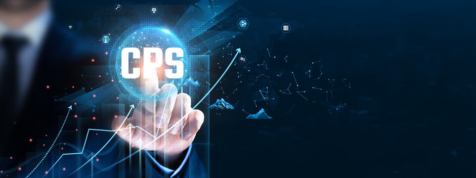 CPS (Cyber-Physical Systems): Integration, real-time monitoring, Businessman touch and analyze data strategy with graph system optimization, automation, connectivity, intelligence.