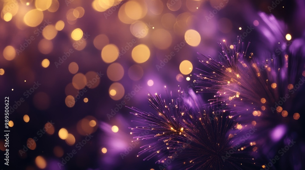 Poster festive celebration featuring golden and violet fireworks with a bokeh effect abstract holiday backd