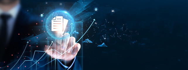 Document Management: Organization, storage, Businessman touch and analysis data strategy with...