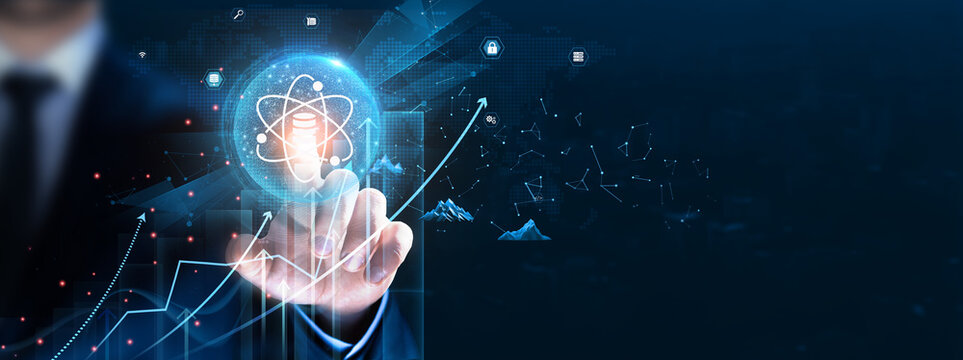Data Science: Analysis, insights. Businessman touches and analyzes data strategy with graph visualization, statistics, machine learning, predictive modeling.
