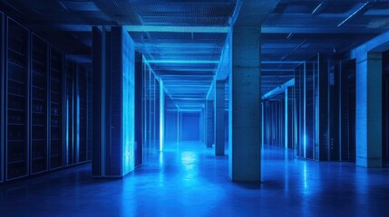 Innovative data warehouse bathed in tranquil blue lighting