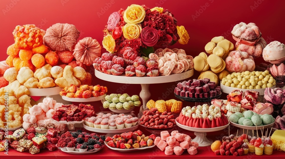 Poster opulent display of assorted sweets on a vibrant red backdrop
